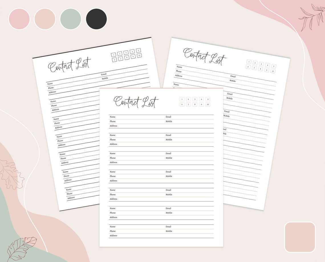 Contact Information Template Printable Contact List Address - Etsy