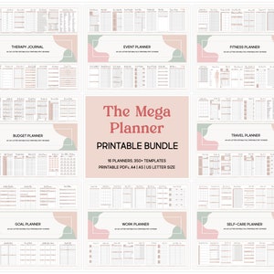 Puede incluir: Un paquete de planificadores imprimibles con 16 planificadores diferentes, incluyendo un diario de terapia, un planificador de eventos, un planificador de fitness, un planificador de presupuesto, un planificador de viajes, un planificador de objetivos, un planificador de trabajo y un planificador de autocuidado. Los planificadores están diseñados en un estilo minimalista con acentos rosas y verdes. El texto "The Mega Planner" y "Printable Bundle" aparece en el centro de la imagen.