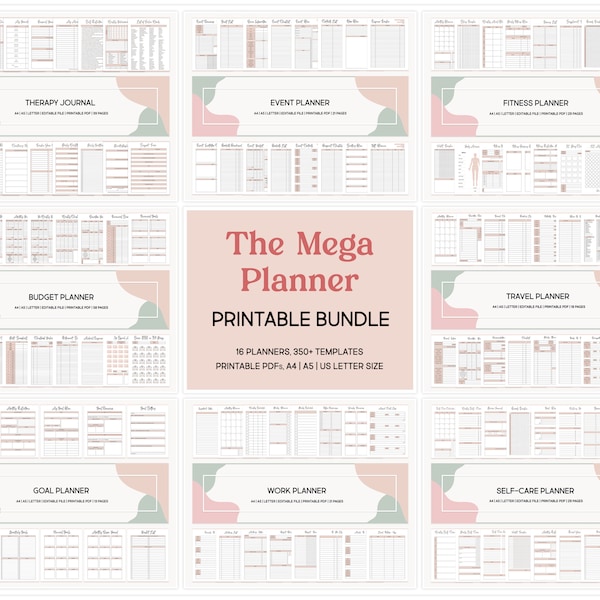 Pacote de planejador mega imprimível, livro de trabalho de TDAH, planejador de tudo para adultos, modelo de limpeza doméstica, diário, semanal, mensal, anual, organizador