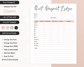 Printable Rent Payment Ledger Editable Monthly Rental Payment Tracker Fillable Rental Payment Log Rental Payment Record, Instant Download