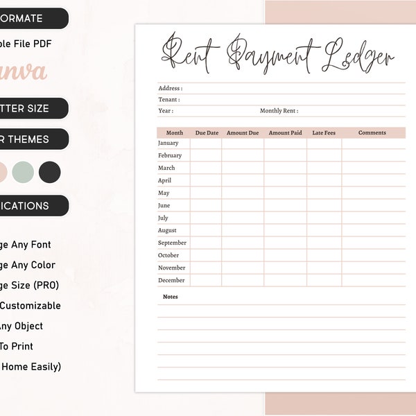 Printable Rent Payment Ledger Editable Monthly Rental Payment Tracker Fillable Rental Payment Log Rental Payment Record, Instant Download