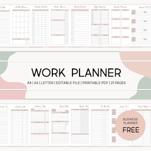 May include: A printable work planner with a pink and green design. The planner includes sections for goals, to-do lists, notes, budget, and more. The text "WORK PLANNER" is displayed in a large font at the top of the page. The text "A4 | A5 | LETTER | EDITABLE FILE | PRINTABLE PDF | 21 PAGES" is displayed below the title. The text "BUSINESS PLANNER FREE" is displayed in a circle at the bottom of the page.