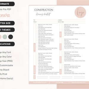 Lista de verificación de limpieza de construcción editable, negocio de servicios de limpieza, formulario de servicio de limpieza, plantilla de limpieza de construcción de viviendas, carta de EE. UU.
