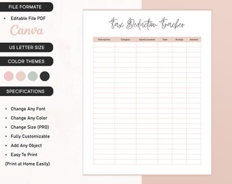 Editable Tax Deductions Tracker, Printable Business Tax Log, Tax Time Deductions , Financial Planner, Purchase Records Personal Deductions