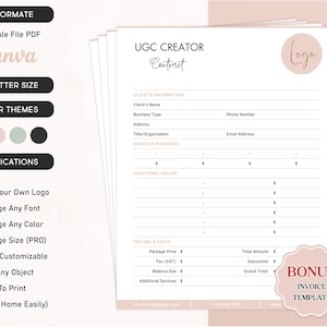 Modelo de contrato para criador de UGC: Canva editável, contrato de influenciador (PDF para impressão)