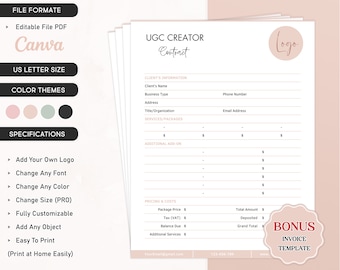 UGC Erstellervertragsvorlage: Canva Bearbeitbar, Infulencer-Vereinbarung (druckbare PDF)