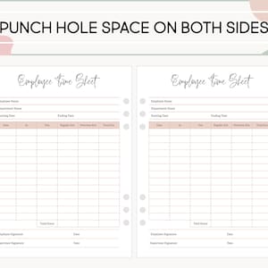 May include: Two white Employee Time Sheet pages with a pink and green decorative border. The sheets have a header that reads "Employee Time Sheet". Each sheet has sections for employee information and time tracking, with punch hole space on both sides.