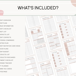 May include: A printable event planning checklist with a pink and white color scheme. The checklist includes sections for event overview, event plan, venue information, event checklist, guest list, contacts list, event contacts, catering companies, seating plan, event invitation card ideas, floor plans, event budget, products list, products purchased, payment checklist, expense tracker, gift planner, thank you cards, and notes page.