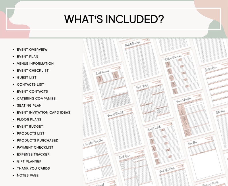 May include: A printable event planning checklist with a pink and white color scheme. The checklist includes sections for event overview, event plan, venue information, event checklist, guest list, contacts list, event contacts, catering companies, seating plan, event invitation card ideas, floor plans, event budget, products list, products purchased, payment checklist, expense tracker, gift planner, thank you cards, and notes page.
