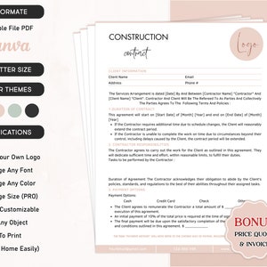 Editable Construction Contract Professional Construction Business Agreement Handyman Contract Template, Contractor Agreement, PDF Download