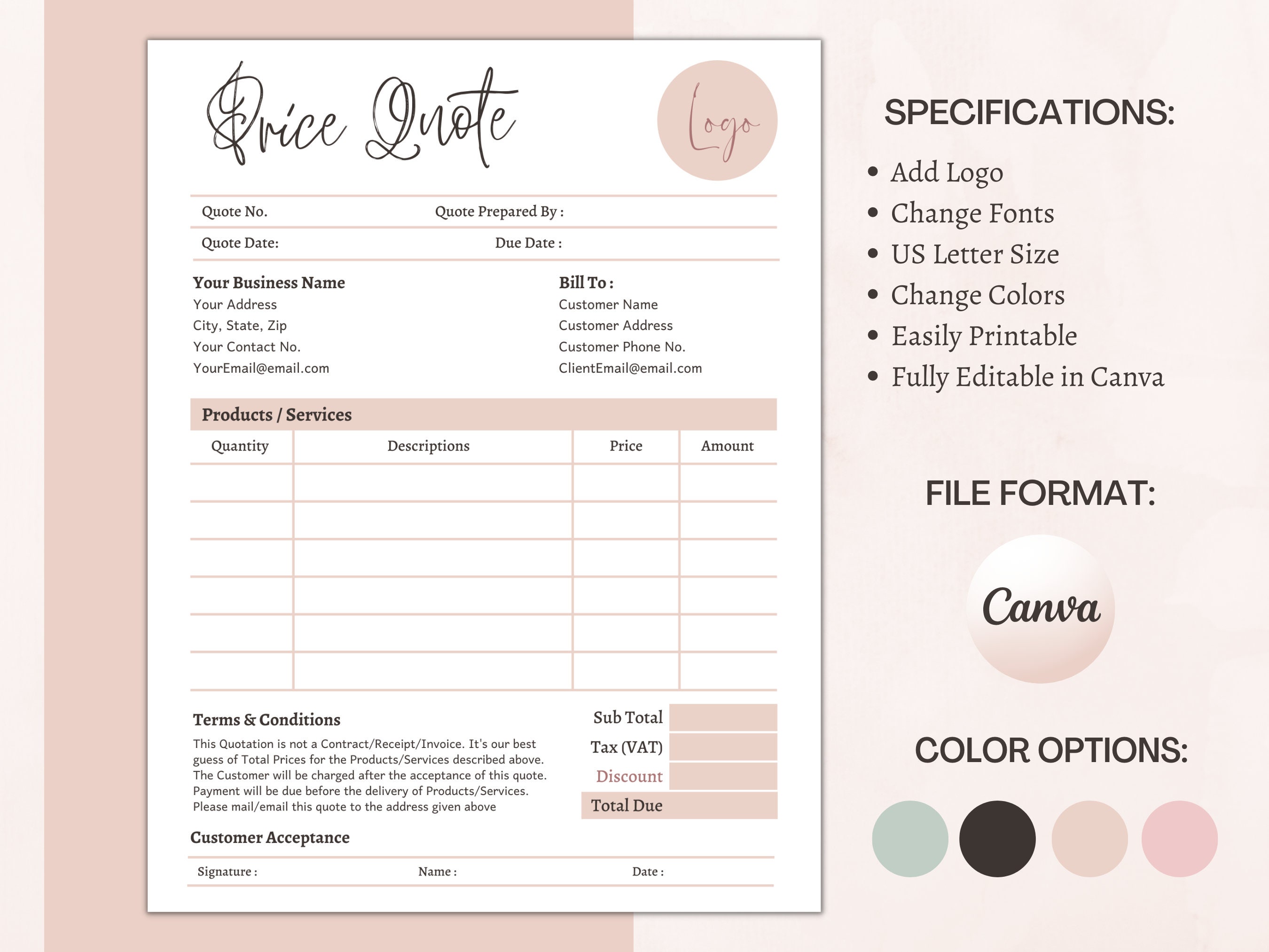 Canva Editable Price Quote Template Printable Price Estimate 