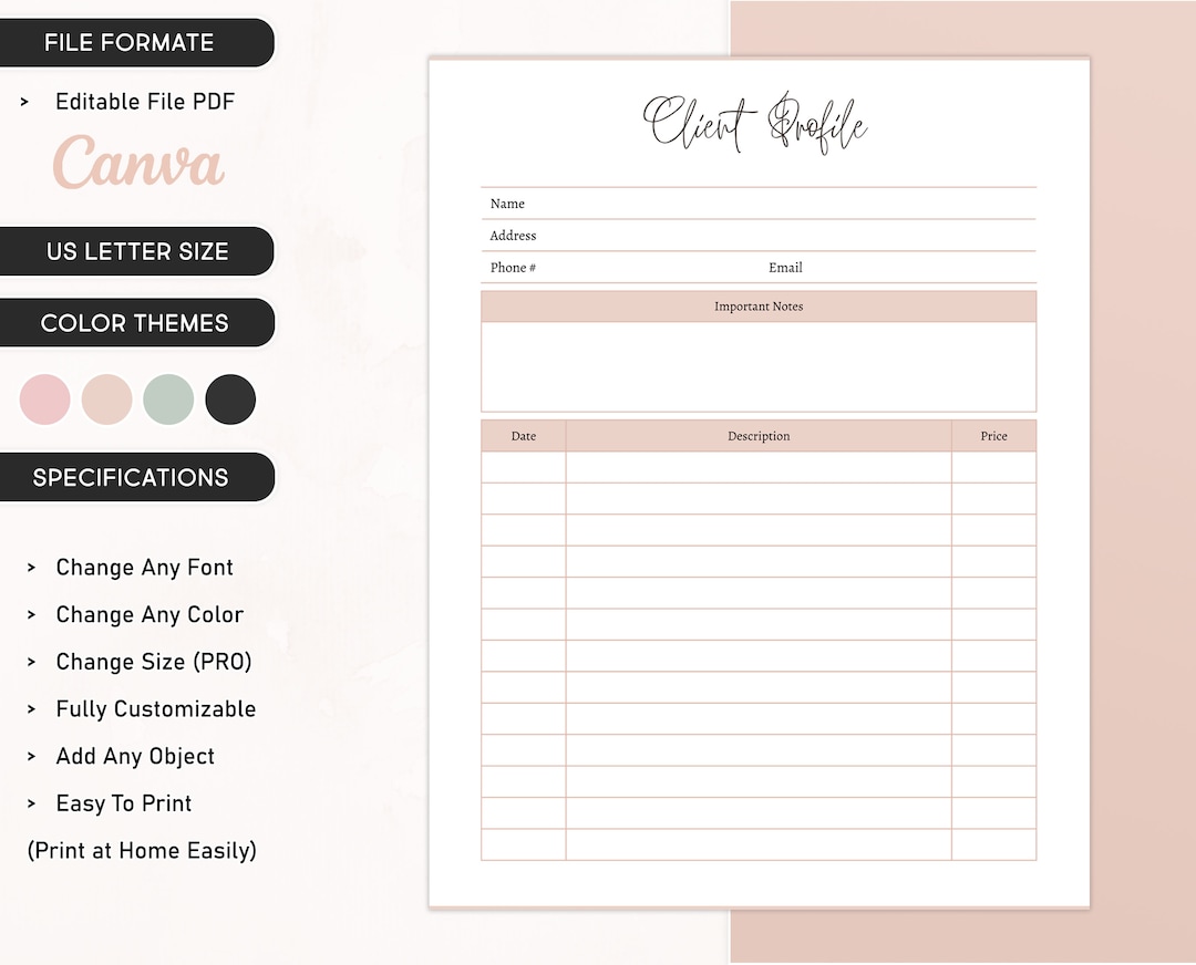 Client Profile Template Editable Business Client Profile Printable