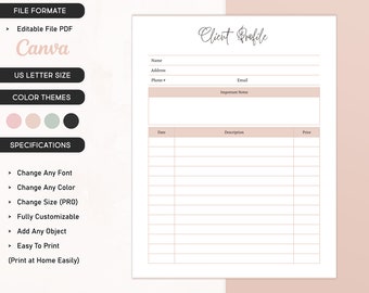 Client Profile Template Editable Business Client Profile Printable – Client Information Log Customer Profile Info Sheet or Form Workflow