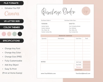 Editable Purchase Order Template - Canva Order Form Template - Printable Purchase Order Digital Download -  Order Form For Small Business