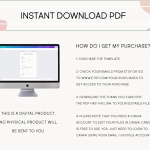 May include: A digital product image with the text "INSTANT DOWNLOAD PDF." A computer monitor displays a form. Text explains how to access the purchase, including a Canva account for editing. The product is digital; no physical item is sent.