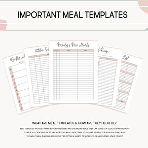 May include: A set of printable meal planning templates with headings like "Weekly Meal", "Kitchen Inventory", "Family's Favorite Meals", "Recipe", and "Grocery List". The templates are designed to help with meal planning and organization.