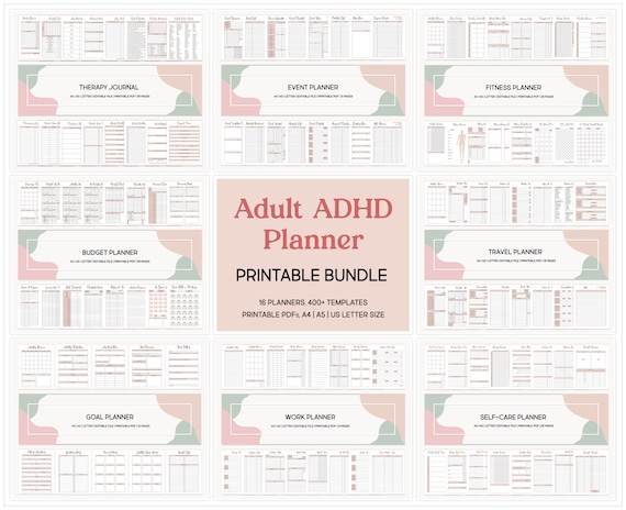 Printable Adult ADHD Planner - ADHD Bundle Daily Productivity Planners - Editable Adult ADHD Journal - Self Care & Growth Mindset Pages