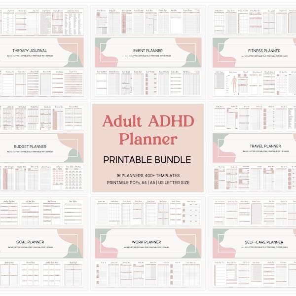 Printable Adult ADHD Planner - ADHD Bundle Daily Productivity Planners - Editable Adult ADHD Journal - Self Care & Growth Mindset Pages