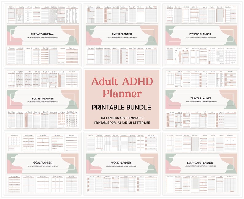 K&ouml;nnte beinhalten: Ein druckbares B&uuml;ndel von 16 Planern f&uuml;r Erwachsene mit ADHS. Die Planer sind so konzipiert, dass sie bei der Organisation, Zeitplanung und Zielsetzung helfen. Das B&uuml;ndel enth&auml;lt ein Therapietagebuch, einen Veranstaltungsplaner, einen Fitnessplaner, einen Haushaltsplaner, einen Reiseplaner, einen Zielplaner, einen Arbeitsplaner und einen Selbstpflegeplaner. Die Planer sind in A4 oder US-Briefformat druckbar.