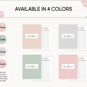 May include: Four printable meal planner templates in different colors: pink, gray, green, and light pink. Each template has a dotted pattern and the text "Meal Planner" at the top. The text "AVAILABLE IN 4 COLORS" is at the top of the image. The text "Canva" appears four times in the image.