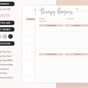 May include: A printable therapy progress template with the title "Therapy Progress" in a handwritten font. The template includes sections for date, therapist, session goal, points discussed, progress notes, and other notes. The color scheme is soft pink and white.