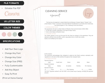 Cleaning Service Contract Editable Commercial Contracts For Housekeepers, Janitors, Custodians, Cleaning Service Agreement, Cleaner Business