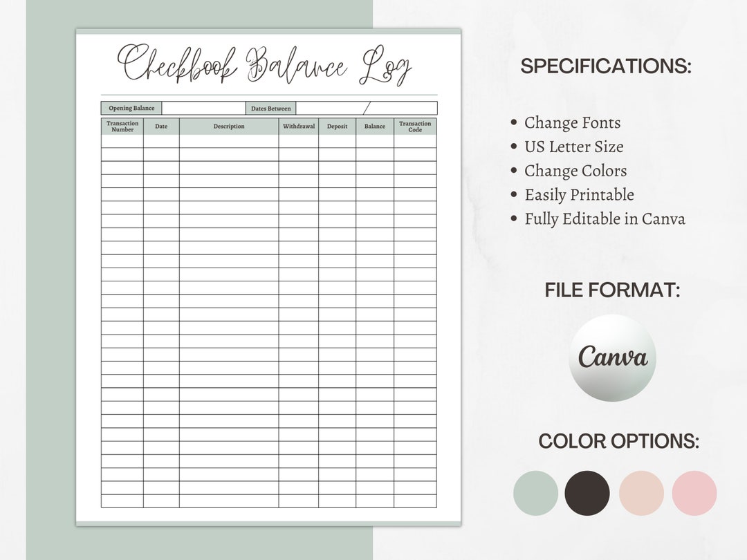 Checkbook Balance Template (Instant Download) - Etsy