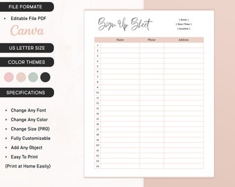Editable Sign Up Sheet, Printable Single Sign Up form, Event Sign Up canva Template, Sign Up Page layout, Contact Information US Letter size