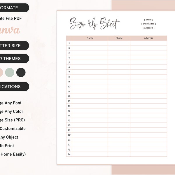 Editable Sign Up Sheet, Printable Single Sign Up form, Event Sign Up canva Template, Sign Up Page layout, Contact Information US Letter size