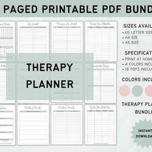 Puede incluir: Un paquete de PDF imprimible de 39 páginas para un planificador de terapia. El paquete incluye cuatro opciones de color: rosa, verde, rosa claro y gris. El texto en la imagen dice: "39 Paged Printable PDF Bundle", "Therapy Planner", "Sizes Available", "US Letter Size", "A4 Size", "A5 Size", "Specifications", "Print at Home", "4 Colors Included", "16 PDFs Included", "Colors Included", "Therapy Planner Bundle" y "Instant Download".