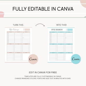 May include: A before and after image showing how to customize a printable office organizer template in Canva. The template is a light pink color with the text "Office Organizer" at the top. The after image shows the same template in a light blue color with the text "OFFICE ORGANIZER" at the top.