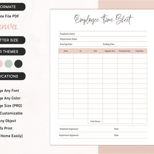 Employee Time sheet  Editable Canva  Digital Template - Printable Time Card - Work Schedule  Tracker - Work Log - Employee Timekeeping Sheet