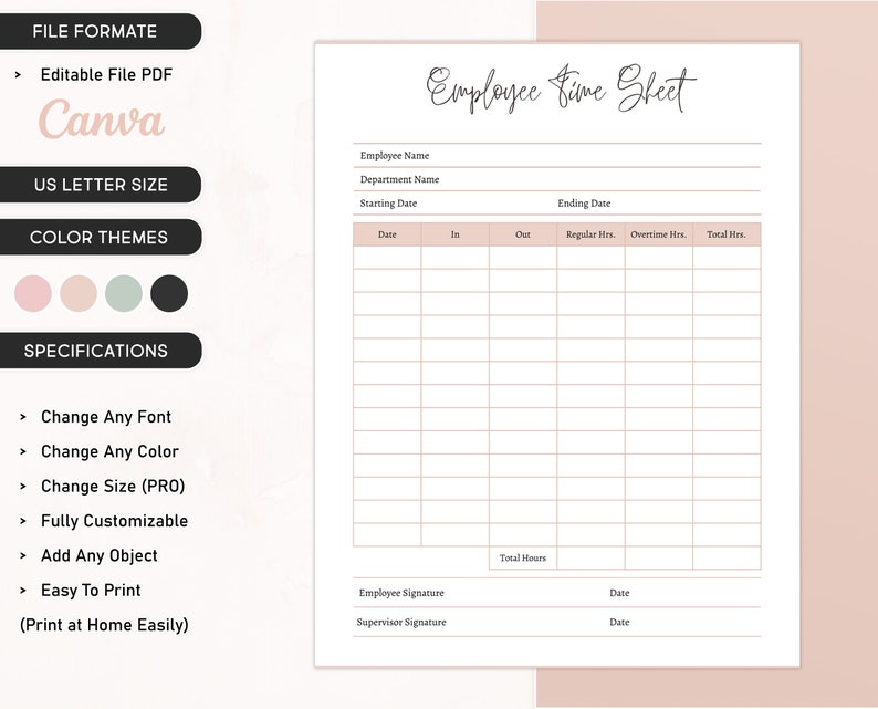 Employee Time sheet Editable Canva Digital Template - Printable Time Card - Work Schedule Tracker - Work Log - Employee Timekeeping Sheet