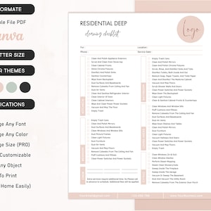 Lista de verificación de limpieza profunda residencial editable Formulario de servicio de limpieza profunda profesional Plantilla comercial de servicio de limpieza profunda de casa Carta estadounidense