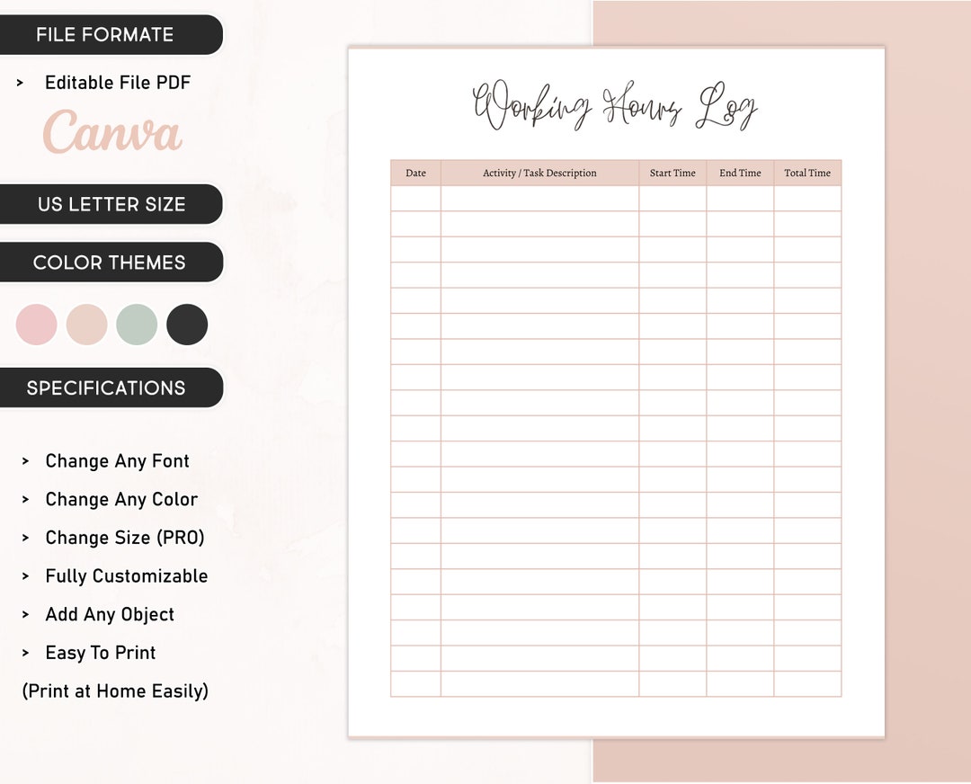 Working Hour Log Printable Tracker Work Time Management - Etsy
