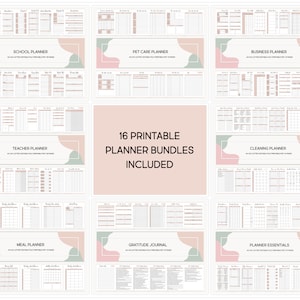 K&ouml;nnte beinhalten: Ein Set mit 16 druckbaren Planer-Bundles, darunter ein Schulplaner, ein Haustier-Planer, ein Business-Planer, ein Lehrer-Planer, ein Reinigungsplaner, ein Essensplaner, ein Dankbarkeits-Tagebuch und Planer-Essentials. Jeder Planer verf&uuml;gt &uuml;ber ein rosafarbenes und gr&uuml;nes Farbschema mit einem modernen Design.