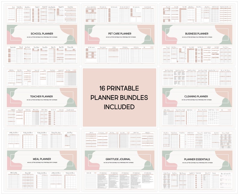 K&ouml;nnte beinhalten: Ein Set mit 16 druckbaren Planer-Bundles, darunter ein Schulplaner, ein Haustier-Planer, ein Business-Planer, ein Lehrer-Planer, ein Reinigungsplaner, ein Essensplaner, ein Dankbarkeits-Tagebuch und Planer-Essentials. Jeder Planer verf&uuml;gt &uuml;ber ein rosafarbenes und gr&uuml;nes Farbschema mit einem modernen Design.