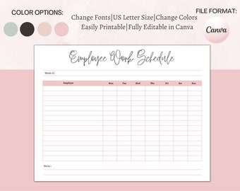 Employee Work Schedule, Daily and Weekly Timesheet, Employee Organizer, Staff Shifts & Holiday Tracker, Editable in Canva, Instant Download