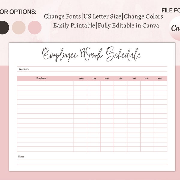 Employee Work Schedule, Daily and Weekly Timesheet, Employee Organizer, Staff Shifts & Holiday Tracker, Editable in Canva, Instant Download