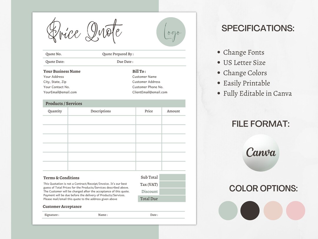 Price Quote Editable Minimalist Template, Small Business Printable ...
