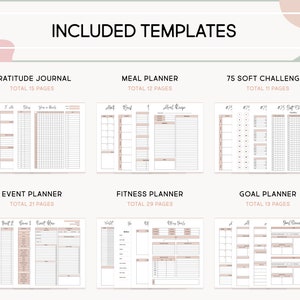 K&ouml;nnte beinhalten: Ein digitaler Planer mit Vorlagen f&uuml;r Dankbarkeitstagebuch, Essensplanung, Fitness-Tracking, Zielsetzung und 75 sanfte Herausforderungen. Der Planer hat ein minimalistisches Design mit schwarzem Text auf wei&szlig;em Hintergrund.