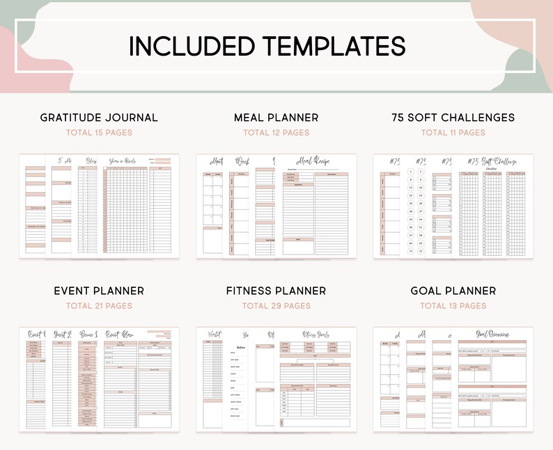 K&ouml;nnte beinhalten: Ein digitaler Planer mit Vorlagen f&uuml;r Dankbarkeitstagebuch, Essensplanung, Fitness-Tracking, Zielsetzung und 75 sanfte Herausforderungen. Der Planer hat ein minimalistisches Design mit schwarzem Text auf wei&szlig;em Hintergrund.