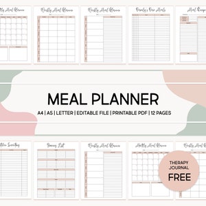 May include: A printable meal planner with 12 pages in a PDF format. The planner includes pages for monthly and weekly meal planning, grocery lists, recipe ideas, and a family meal tracker. The planner is designed in a minimalist style with a pink and green color scheme.