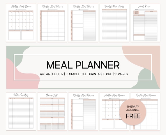 Meal Planner Bundle Printable Meal Planning Weekly Menu Planner Template - Kitchen Inventory & Grocery List - Meal Planner Book - Food Diary