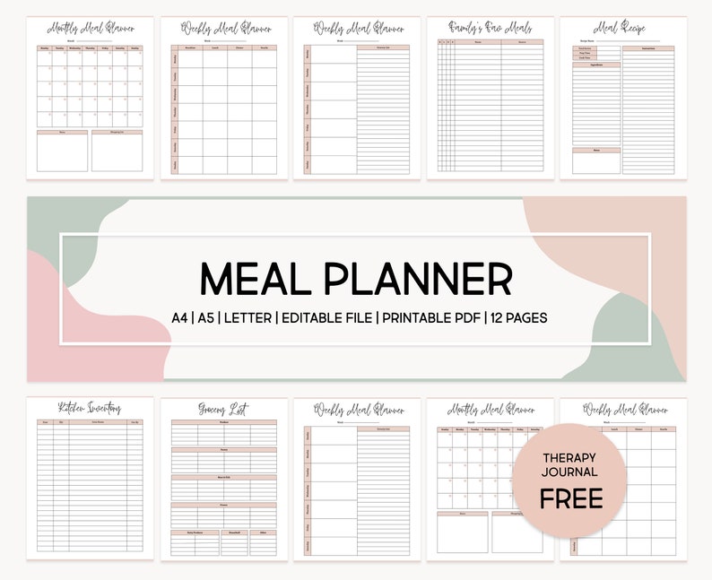 May include: A printable meal planner with 12 pages in a PDF format. The planner includes pages for monthly and weekly meal planning, grocery lists, recipe ideas, and a family meal tracker. The planner is designed in a minimalist style with a pink and green color scheme.