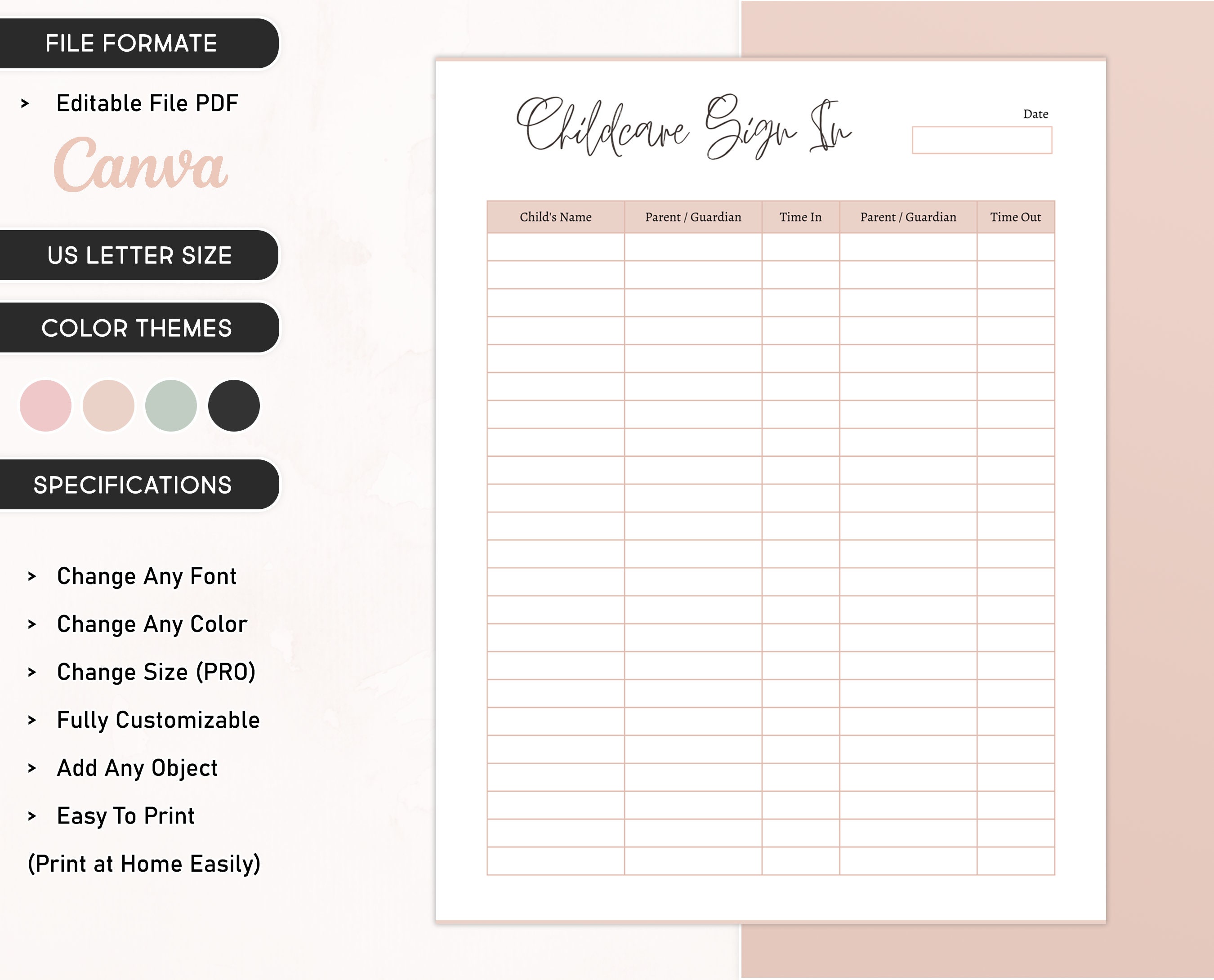 Editable Sign In Log, Printable Childcare Daily, Weekly Sign In  Sheets for Childcare Centers, Home Daycares and Preschools Attendance Sheet