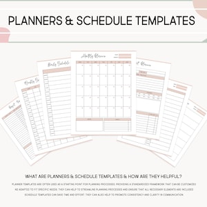 May include: A set of printable planner and schedule templates in black and white with pink accents. The templates include a weekly, monthly, daily, and to-do list. The text on the image reads "Planners & Schedule Templates" and "What are planners & schedule templates & how are they helpful?"