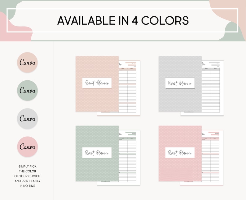 May include: Four printable event planner templates in different colors: pink, gray, green, and light pink. Each template has a dotted pattern and the text "Event Planner" in cursive.