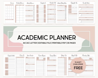 May include: A printable academic planner with a pink and green design. The planner includes sections for weekly, daily, and subject planning, as well as goal setting. The text "ACADEMIC PLANNER" is displayed in a large font at the top of the page. The planner is available in A4, A5, and Letter sizes and includes 35 pages.