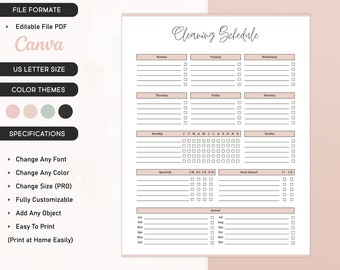 Afdrukbaar schoonmaakschema Bewerkbare sjabloon schoonmaakroutine ADHD-schoonmaakplanner Wekelijkse, maandelijkse schoonmaakchecklist Lijst met huishoudelijke taken